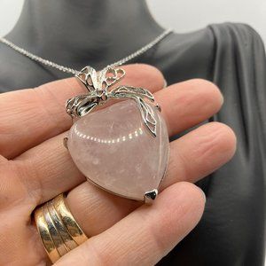 Genuine Quartz Heart Pendant Bow 18 in Stainless Steel Diamond Cut Chain